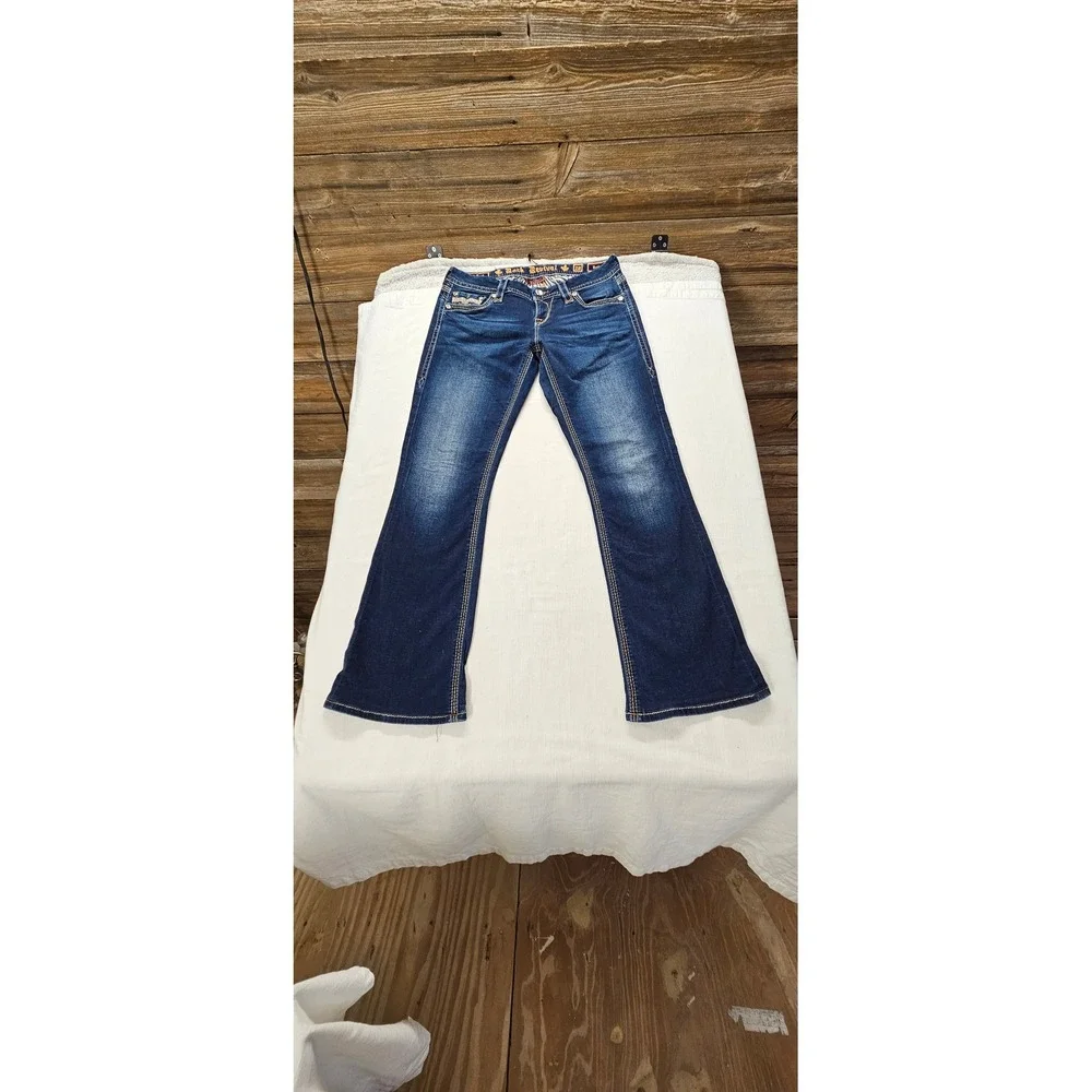 Rock Revival Betty Easy Boot Dark Wash Jeans Bootcut Fleur De Lis Size 28